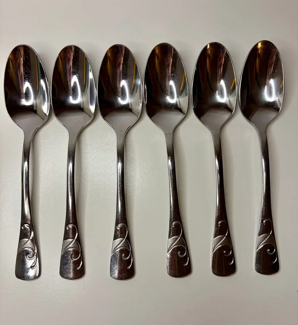 Oneida Serif Place Oval Soup Spoons 7 1/8” Stainless Frosted Swirl Set of 6